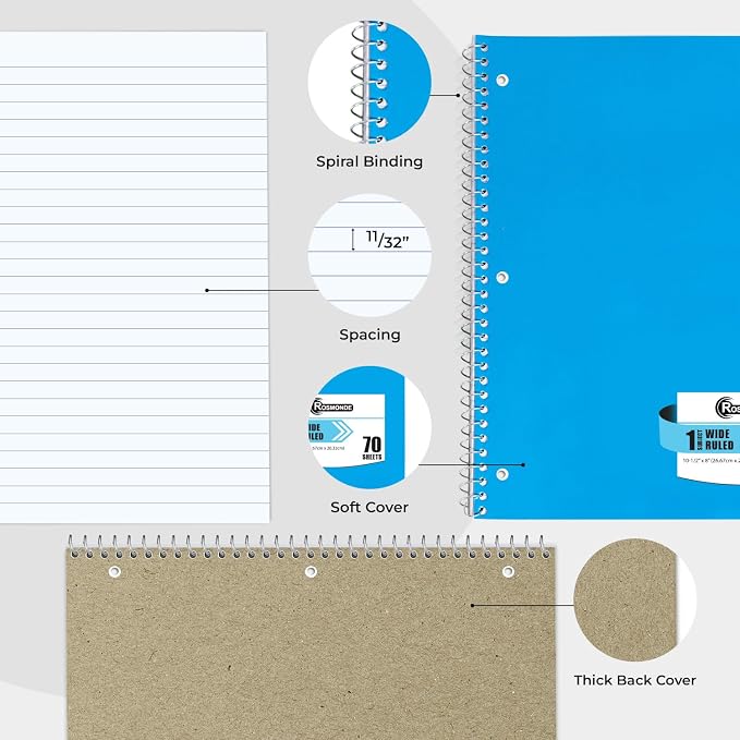 Rosmonde 50 Pack, 1 Subject Spiral Notebook Wide Ruled Bulk, 140 Pages (70 Sheets), Thick No-Bleed Paper, 8 x 10-1/2", 3 Hole Punched, 1 Subject Spiral Notebook Bulk, Bulk Subject Notebook