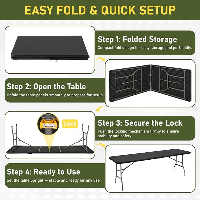 BestOffice 8 FT Picnic Table Plastic Camping Table Portable Square Height Folding Table Perfect for Picnics, Parties, Party and Camping, Black