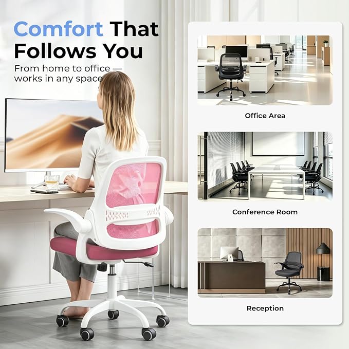Ergonomic Mesh Office Chair for Home Office, Flip-Up Arms, Breathable Mesh Back & Thick Seat Cushion, Swivel Rolling Computer Desk Chair – BIFMA Certified, Supports 300 lbs (White Frame/Pink Seat)
