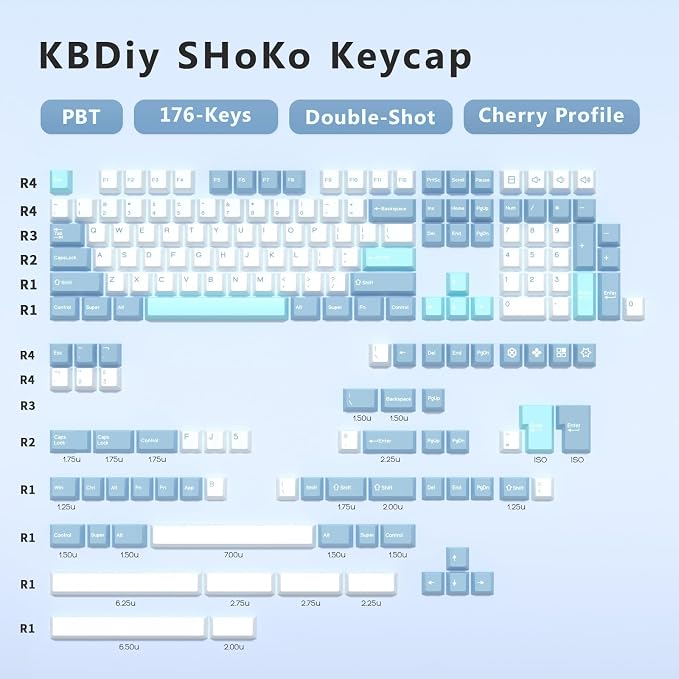 SHOKO PBT Double Shot Keycap Set,176 Keys Blue Cute Custom Key Caps Keycaps 60 Percent Cherry Profile Keycaps for 61/64/68/84/87/100/104/108 Mechanical Keyboard