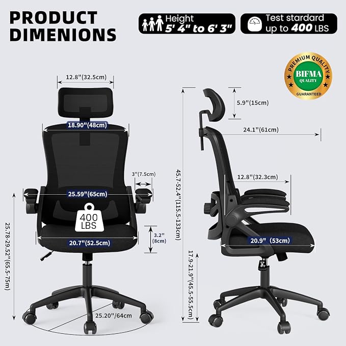Ergonomic Office Chair Desk Chair with Adjustable Lumbar Support | Mesh Computer Chair Home Office Desk Chair with Flip-up Armrests Executive Task Chair Comfy Mesh Gaming Chair (Black-Black)