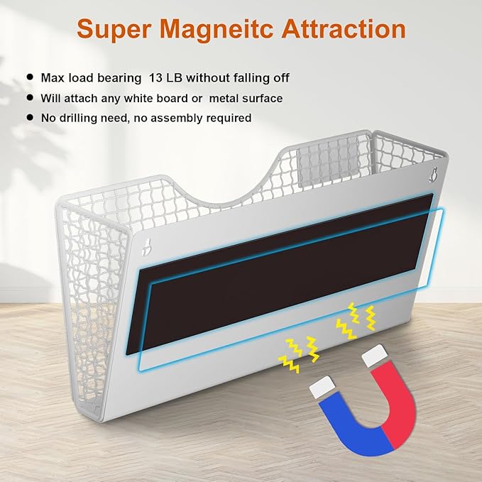 MFTEK Magnetic File Holder, 3 Pockets Wall File Folders Holder No Drilling Magnetic Paper Mail Organizer Magazine Basket, Hanging Storage Rack for Fridge Cabinets Office Classroom(White)