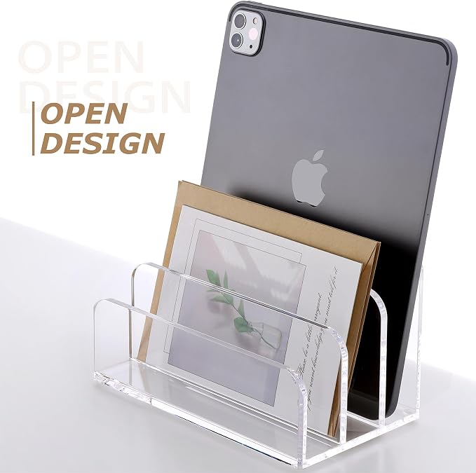SANRUI Clear Mail Organizer Desk Sorter, Acrylic Letter File Holder 3-Slot | Laddered Office Document Mails Storage, Multifunction Letter Folder Racks Holders for Office,Home, School Desk Organization