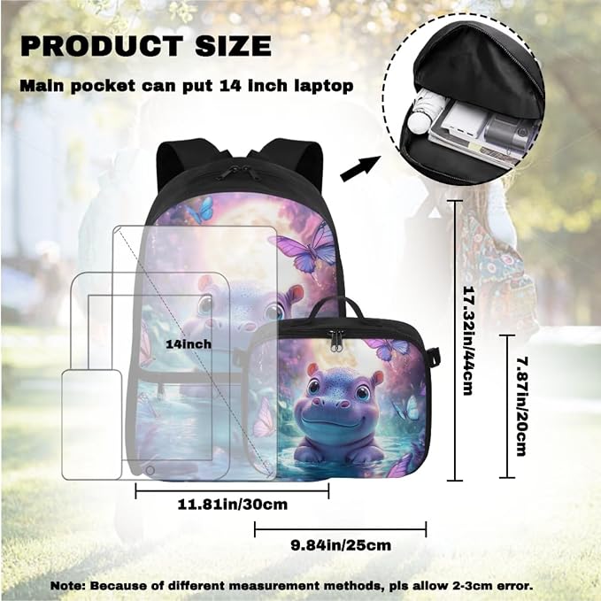 Doojoayie Girls Backpack Set Ages 4-6 6-8 8-10 Hippo Backpack for Kids Large Capacity & Heavy Duty Bookbag for Teen Girls 2025 Trendy School Bags for Preschool Primary Student