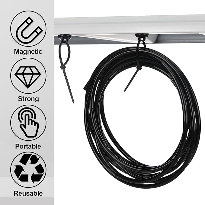 Leinuosen 100 Set Magnetic Zip Tie Mount and Nylon Cable Ties, 19 mm Multipurpose Wire Cable Holder Mount Wire Clips Management Electrical Organization Supplies
