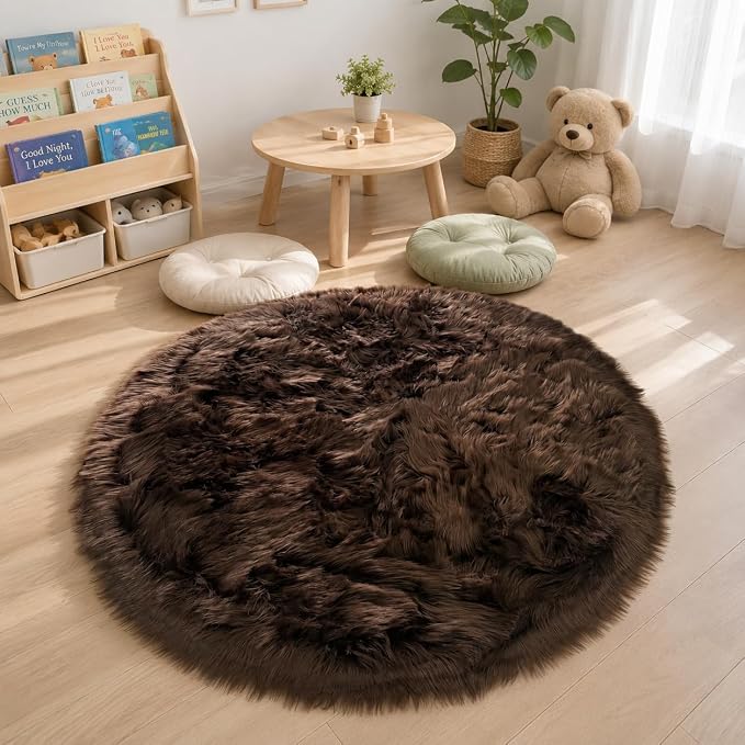 EasyJoy Faux Sheepskin Rug, Fluffy Faux Fur Rug, Ultra Soft Shag Area Rug with Non-Slip Backing for Bedroom, Living Room, Nursery, Kids Room(4 x 4 ft Round, Coffee)