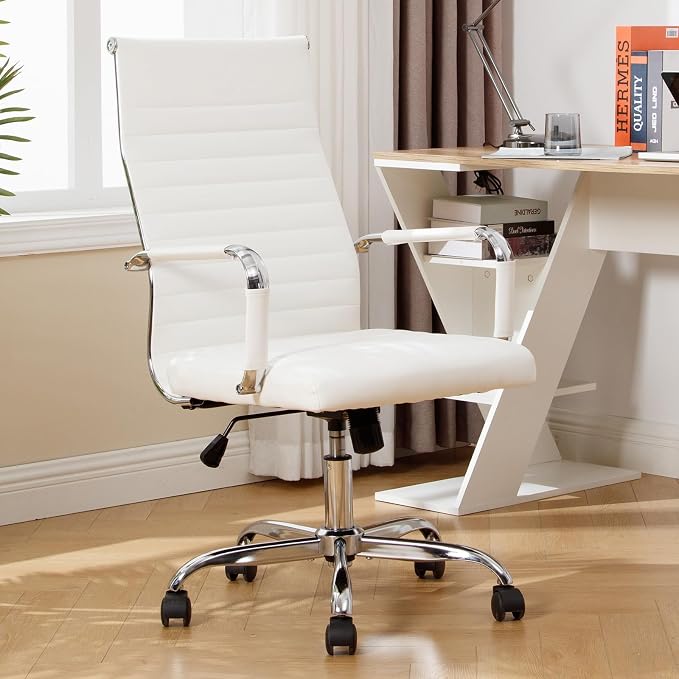 Office Chair, Ergonomic Executive Conference Room Chairs, Ribbed Leather Desk Chair with Lumbar Support, Adjustable Height Mid-Back Swivel Chair with Padded Seat