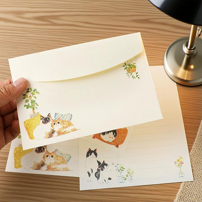 37 Pcs Stationery Paper Envelopes Set Includes 24 Lined Writing Paper & 12 Envelopes with 48 Colorful Round Dot Stickers, Cute Vintage Cat Letter Writing and Stationery Paper Envelopes(4Style)
