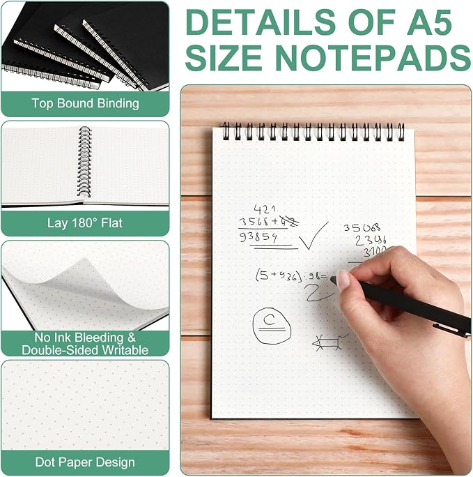 Engrowtic 2 Pcs Dot Grid Notebook Top Spiral Notebook A5 Size Bullet Dotted Paper Hardcover Dot Journal 8.3''x 5.8'' 140 Pages Spiral Notepads for Sketching Drawing Writing School Office (Black)