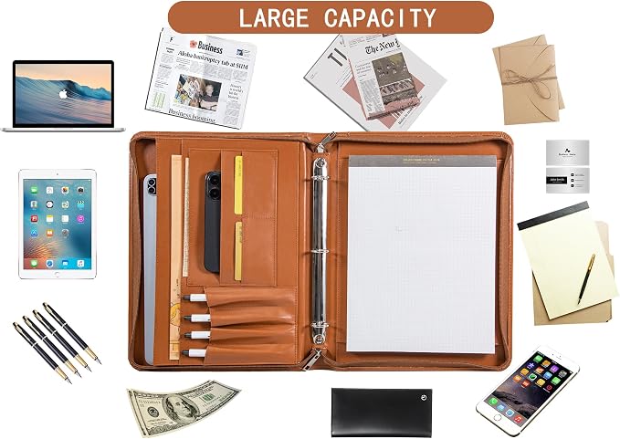 AZXCG Zipper Portfolio Padfolio Binder,3 Ring Padfolio for Women and Men,Business Portfolio Organizer for Women with A4 Writing Pad Holder,Business Portfolio for Meeting,Gift for Father's Day