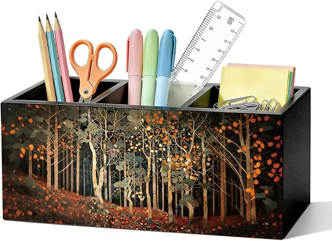 Vintage Forest Landscape Pen Pencil Holder for Desk, Dark Cottagecore Inspired Forest Wooden Box Sign Organizer for Home Office Bedroom Desk Accessories Tabletop Decorations