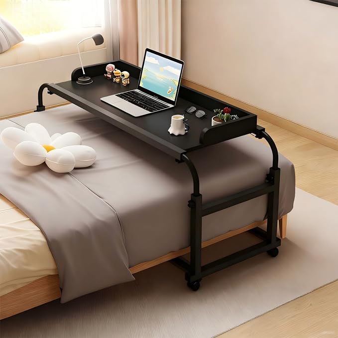 Overbed Table with Wheels and Desktop Enclosure, Height and Length Adjustable Over Bed Desk King Queen Bed Table Overbed Laptop Table (Black)