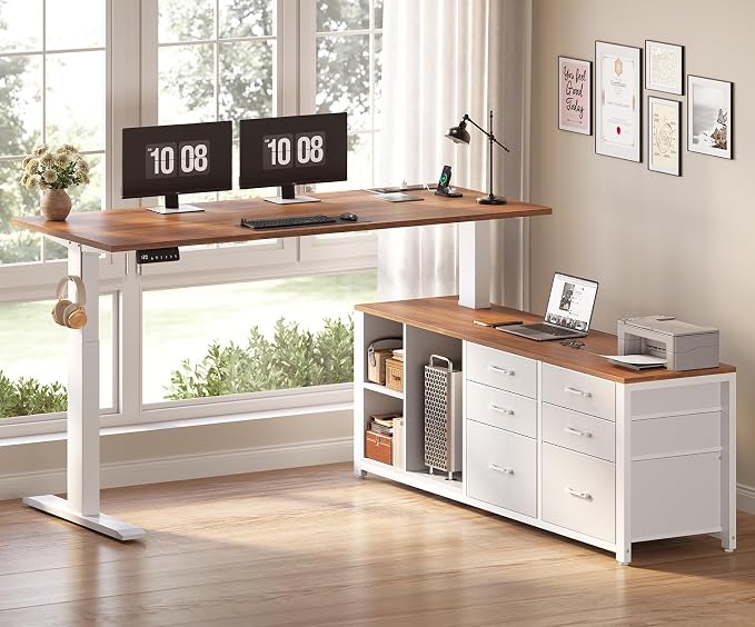SEDETA L Shaped Electric Standing Desk, 55" x 55" Height Adjustable Office Executive Desk with 6 Fabric Drawers and Storage Shelves, Sit Stand Computer Desk with Power Outlet (White + Brown)