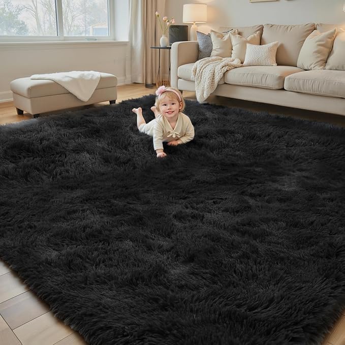 Rugs for Living Room 6x9, Alfombras para Salas Shag Large Plush Soft Area Rug, Shaggy Carpets for Bedroom,Home Decor Aesthetic(Black, 6 x 9 Feet)