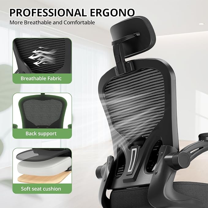 Office Chair Ergonomic Desk Chair, 330LBS Capacity, High Back Computer Chair for Long Hours Comfortable, Rolling Swivel Executive Task Chair for Home Office with Flip-up Armrests, Black Black-Chrome