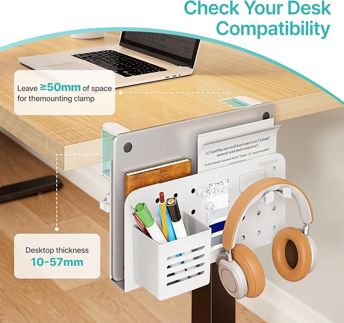 PEGZONE Desk Side Storage Organizer, Fits Flat Edge 0.4" to 2.2", White | No Drill Under Desk Laptop Holder, Clamp on Desks Shelf with Pegboard Accessories, Hanging Laptop Mount