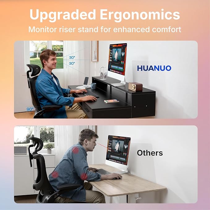 HUANUO 55″ x 26″ Electric Standing Desk with 2 Drawers &24.4″ Large Keyboard Tray, C-Clamp Mount Compatible, Adjustable Computer Desk for Office, Sit Stand Up Desk with 4 Height Presets, Black