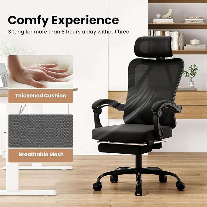 Farini Office Chair with Footrest, Ergonomic Mesh Office Chair with Headrest, High Back Desk Chair with Lumbar Support, Swivel Computer Chair for Home Office Study Room, Black and Black