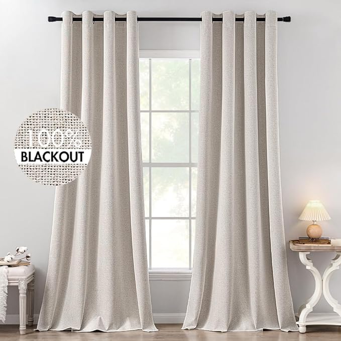 MIULEE 100% Blackout Linen Textured Curtains for Bedroom Solid Thermal Insulated Ivory Grommet Room Darkening Curtains & Drapes Luxury Decor for Living Room 52 x 132 Inch (2 Panels)