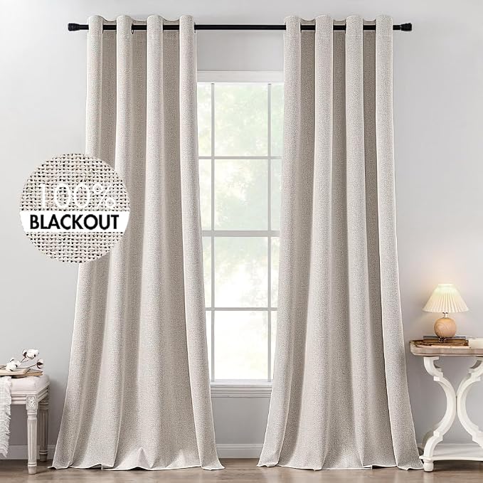MIULEE 100% Blackout Linen Textured Curtains for Bedroom Solid Thermal Insulated Ivory Grommet Room Darkening Curtains & Drapes Luxury Decor for Living Room 52 x 120 Inch (2 Panels)