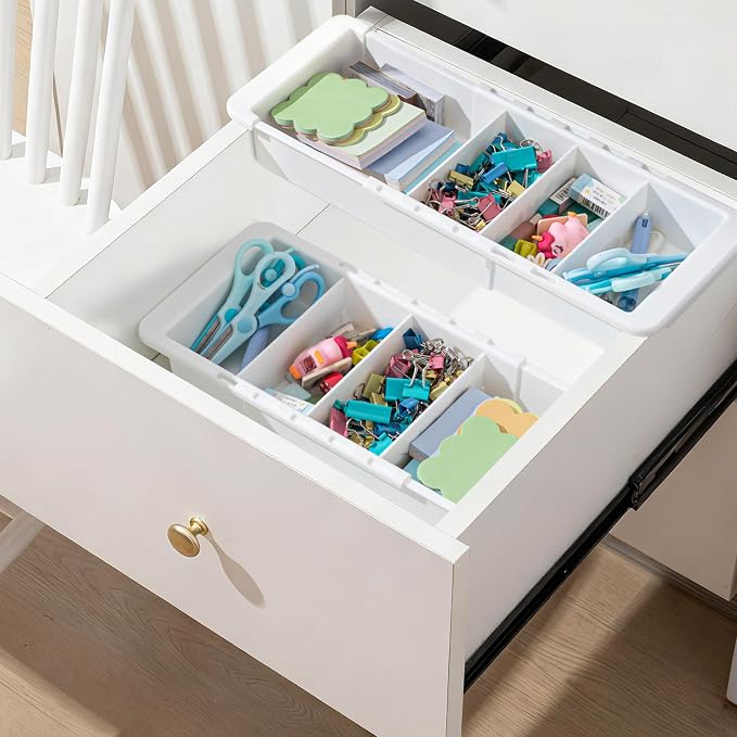 1 Pcs Expandable Drawer Organizer Bins Adjustable Deep Drawer Hanging Organizer Tray Expandable 11.4 to 18.1 Inches Plastic Dividers Storage for Office Bathroom Bedroom Kitchen Desk, White