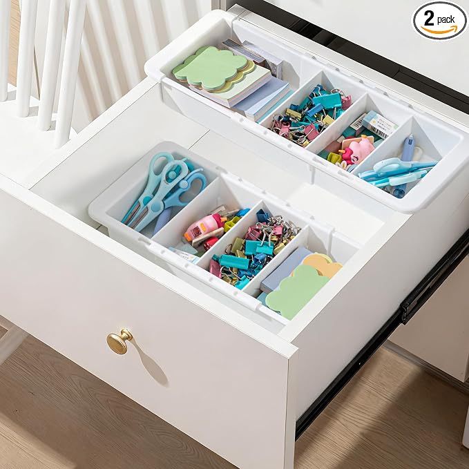 2 Pcs Expandable Drawer Organizer Bins Adjustable Deep Drawer Hanging Organizer Tray Expandable 11.4 to 18.1 Inches Plastic Dividers Storage for Office Bathroom Bedroom Kitchen Desk, White