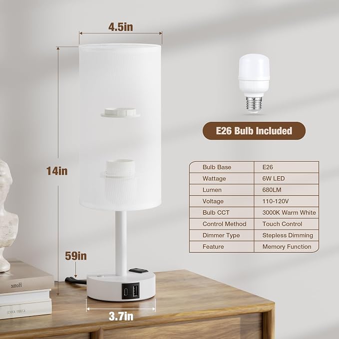Touch Bedside Table Lamp with Memory - Stepless Dimmable Lamp for Bedroom, Small Nightstand Lamp with Dual USB Charging Ports and AC Outlet, Wood Night Light, Desk Lamp for Nursery (White & White)