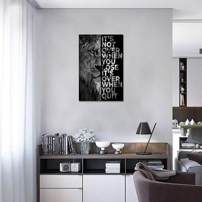 Lion Head Prints Canvas Inspirational Wall Art Black and White Animals Poster Motivational Quote Picture for Office Decor Framed Ready to Hang 24x36inches