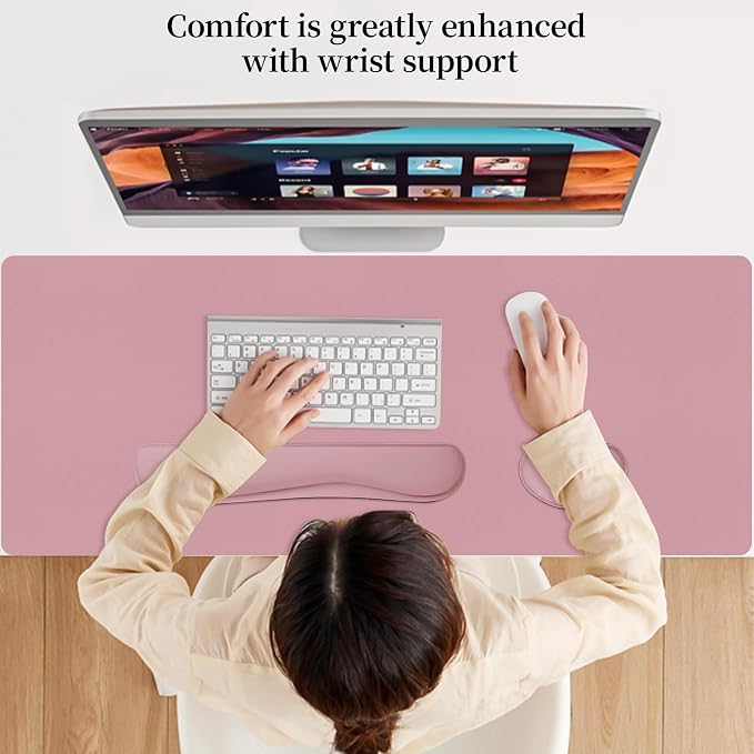 Mouse Pad and Keyboard Wrist Rest, 3-in-1 Large Keyboard and Mouse Pad Set, Ergonomic Wrist Rest for Computer Keyboards, Non-Slip Desk Mat Protector for Women (Purple Pink, 35.4" X 16.9")