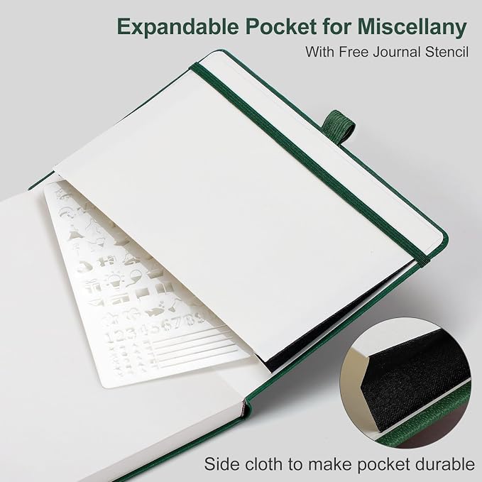 AHGXG Dotted Journal - Dot Grid Notebook Journal, 120 GSM Thick Acid-Free Paper, A5 Dotted Notebook 160 Pages, Leather Hardcover, Inner Pocket, Journal Stencil, 5.7'' × 8.3'', Dark Green