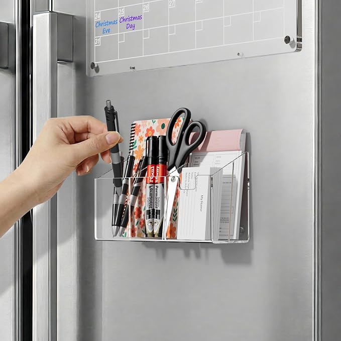 AITEE Large Magnetic Acrylic Fridge Organizer with 4 Strong Magnets | command center, non-slip pads, multi-compartment holder, stores mail bills pens scissors, for home kitchen office storage