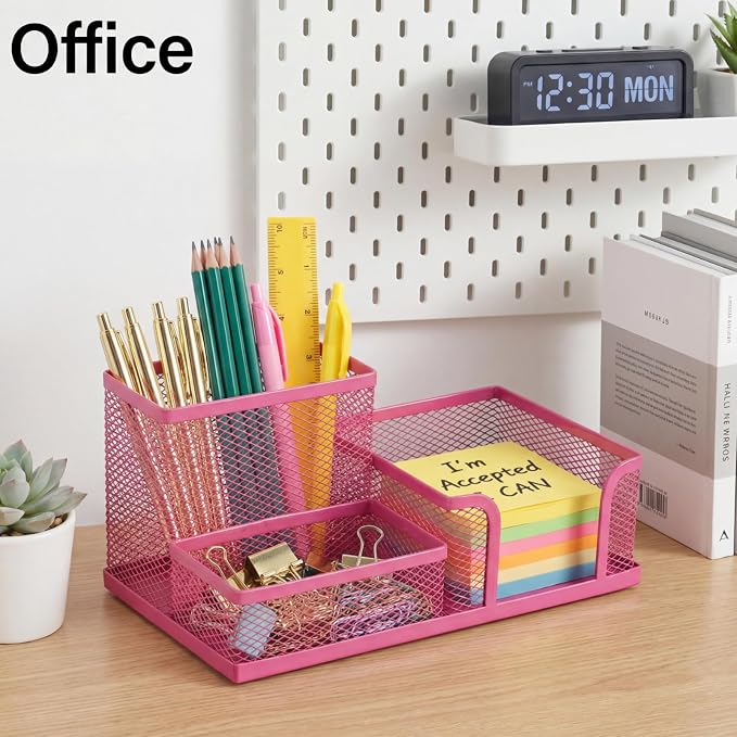 Ferraycle 4 Pcs Mesh Desk Organizer 3 Compartments Mesh Pen Holder Sticky Notes Pencil Holder Metal Caddy Desk Pen Organizer for Desktop Accessories Storage Baskets Home Office School(Pink)