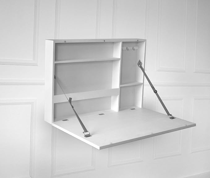 Prinz Work from Home Wall-Mounted Desk, White Folding Desk with Chalkboard Front, Space-Saving Floating Desk Design, Ready to Hang, Interior Shelves, 36 x 24 x 5 Inches, White