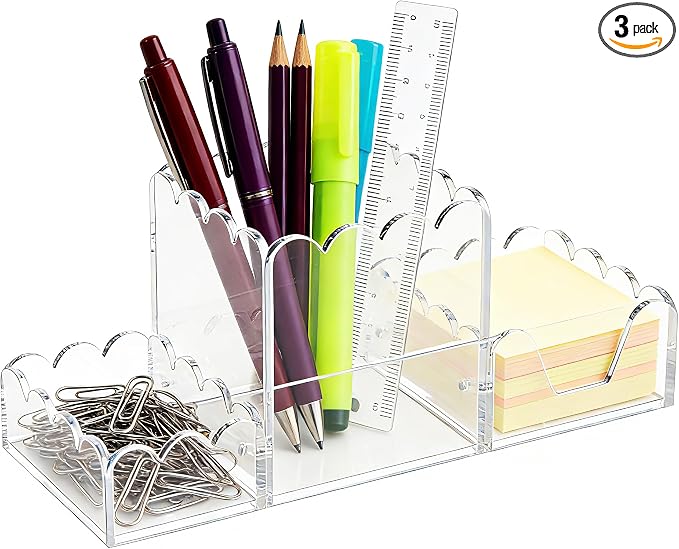 Acrylic Desk Organizer Set of 3,Magnetic Modular Pen Holder with Sticky Note & Paperclip Tray, Clear Aesthetic Desk Accessories for Home Office, Desk Decor for Women Men, Small Space Office Supplies