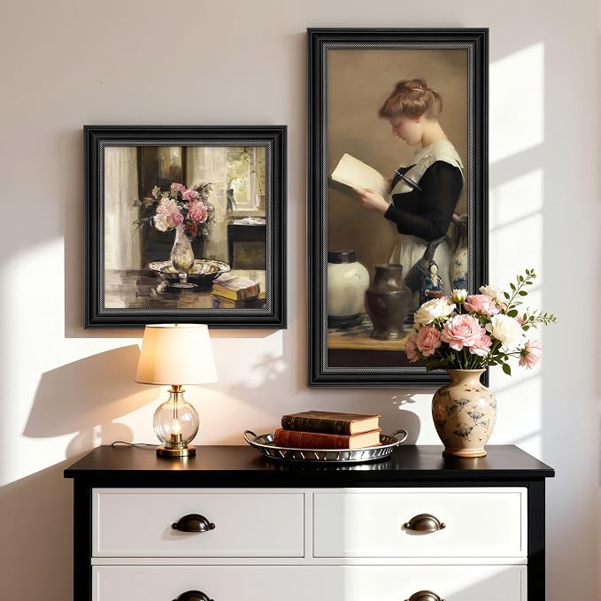 Framed Vintage Wall Art Set of 2 for Bedroom, French Country Cottage Core Canvas Prints Pictures Wall Decor, Victorian Girl Floral Painting for Living Room Office Dining Room Kitchen Wall Decor
