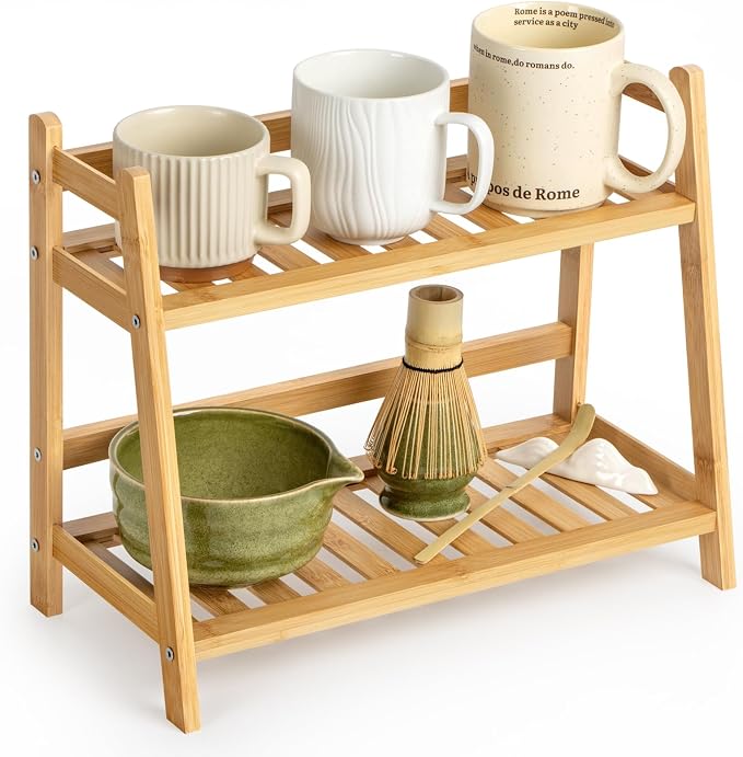 ANBOXIT Bamboo Matcha Station Organizer, Countertop 2 Tier Desktop Shelf | for Mugs, Cups, and Condiments - Ideal for Matcha & Coffee Accessories in Kitchen, Home, Office