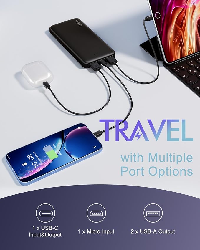 Miady 2-Pack Portable Charger, Slim 10000mAh Power Bank Travel Battery Pack | Dual USB丨3 Outputs 2 Inputs丨for Backpack Travel Camping丨Slim丨Compatible with iPhone Android etc丨Flight-Safe丨37Wh丨White+White