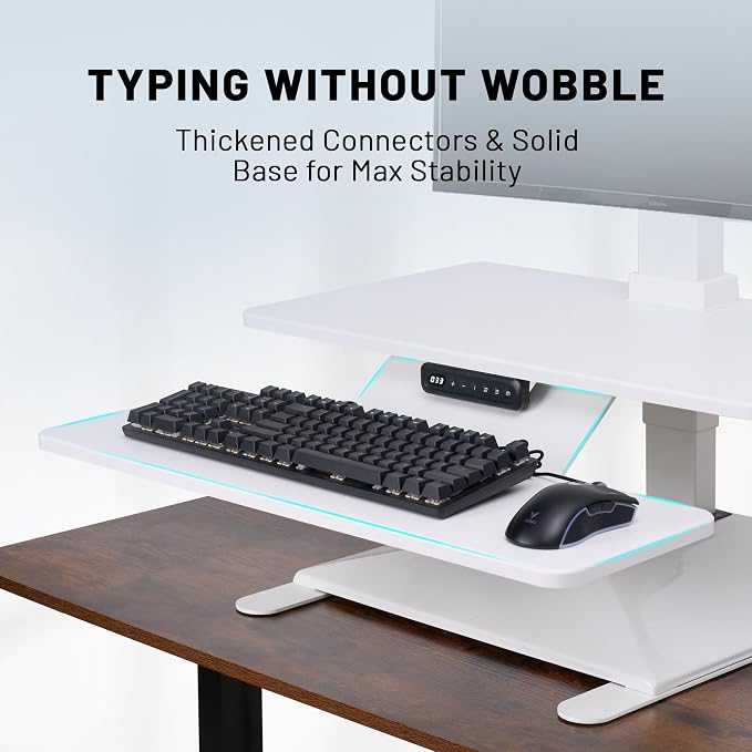 Electric Standing Desk Converter 28" Wide, Height Adjustable Desk Riser, Computer Workstation, Sit-Stand Convertor for Home, Office, School (White, 1 Arm Included)