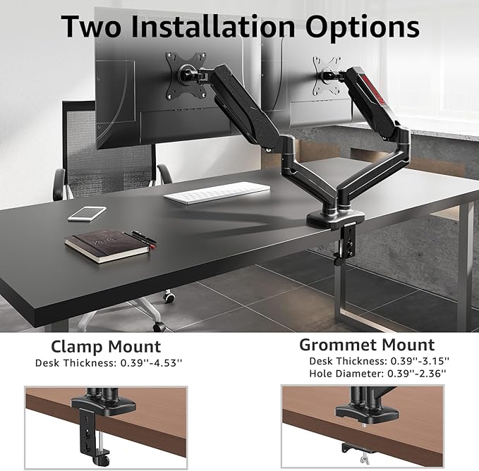 Redragon GMK915 Dual Monitor Mount Stand - Gas Spring Adjustable Arms with VESA 75/100mm, 13-32 Inch Screen Compatibility, C Clamp & Grommet Base, Cable Management, 17.6lbs Load Capacity