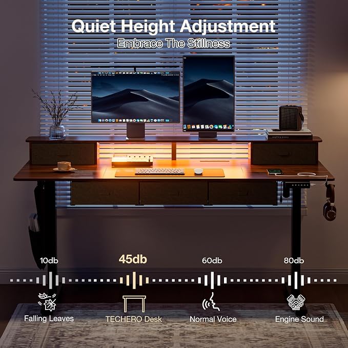 63x32 Inch Electric Standing Desk with 5 Drawers, Sit Stand Desk with Power Outlets, Monitor Shelf, LED Light and Cable Management, Height Adjustable 28.3-47.2 Inch for Home & Office, Walnut