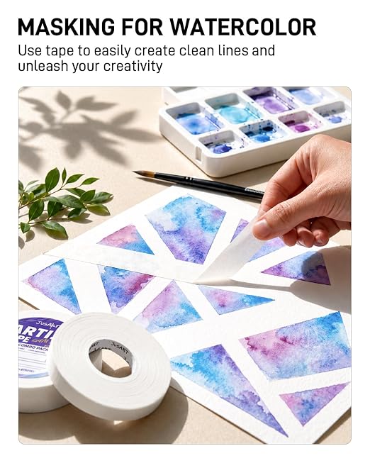 JusArt 2 Packs Artist Tape for Watercolor Paper, 1/2 inch and 1 inch Wide Total 400FT Long, White Art Tape for Masking, Drafting and Painting, Acid Free, Low Tack