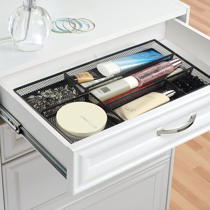 Desk Drawer Organizer Tray, Small Metal Mesh Desk Organizer Tray with 6 Compartments, Office Pencil Drawer Organizer Accessories for Stationery, Desktop, Bathroom, Kitchen, Makeup, Vanity, School