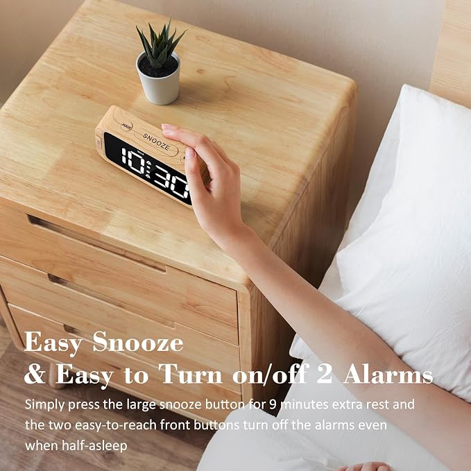 Odokee Digital Dual Alarm Clock for Bedroom with 0-100% Dimmable Display | Easy Alarm Clock with Weekday/Weekend Mode - Loud Alarm for Heavy Sleepers with 5 Sounds Adjustable Volume - Wood Grain