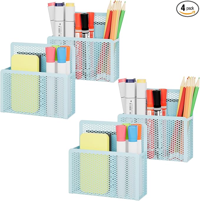 Marbrasse Magnetic Dry Erase Marker Holder, Mesh Pen Holder for Whiteboard，Magnet Pencil Organizer Storage for Refrigerator Locker Accessories Organizer for Home, School and Office (Blue 4p)