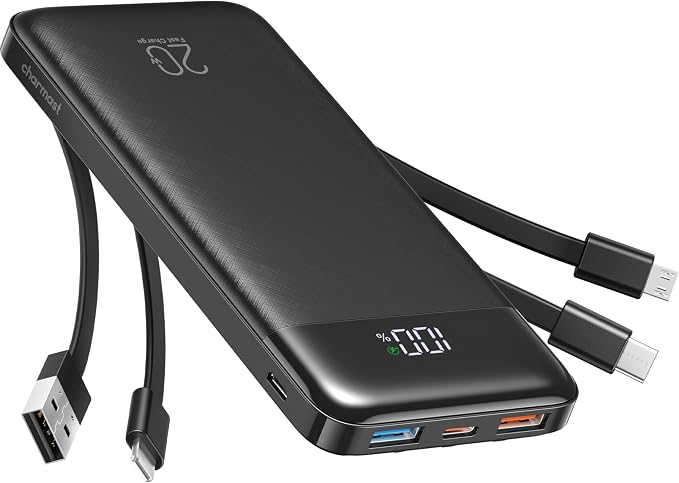 charmast 20000mAh Portable Charger with Built in Cables, 22.5W Travel Power Bank Fast Charging, USB C Cell Phone Battery Pack for iPhone 17/16/15/14/13/12 Series, iPad, Samsung, Android, Tablet