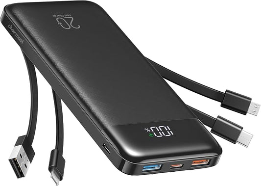 charmast 20000mAh Portable Charger with Built in Cables, 22.5W Travel Power Bank Fast Charging, USB C Cell Phone Battery Pack for iPhone 17/16/15/14/13/12 Series, iPad, Samsung, Android, Tablet