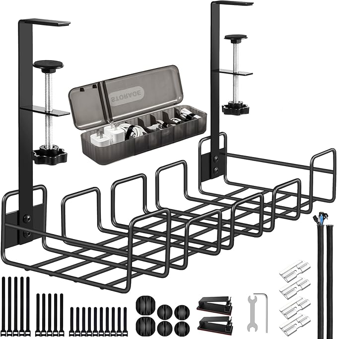 OneLeaf Under Desk Cable Management Tray - No Drill Wire Management Rack | Metal Cable Organizer Tray with Clamp, Under Desk Cord Management Storage Basket, Desk Accessories with Cable Organization