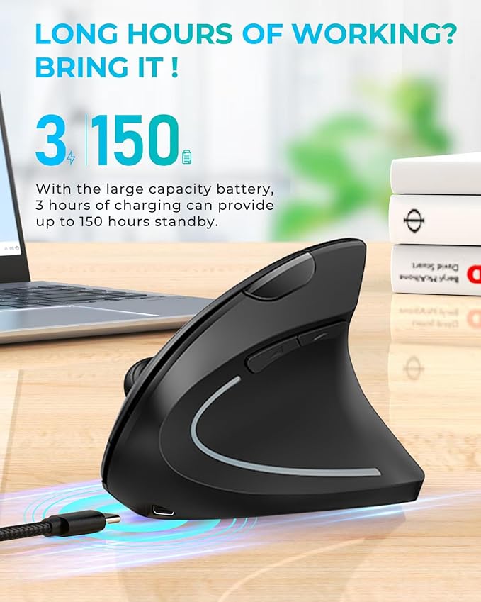 Lekvey Ergonomic Mouse, Vertical Wireless Mouse: Rechargeable Optical Carpal Tunnel Mice with 2.4G USB Receiver, 1000/1200/1600 DPI, 6 Buttons, for Laptop, Computer, Mac, PC, Desktop, Notebook, Black