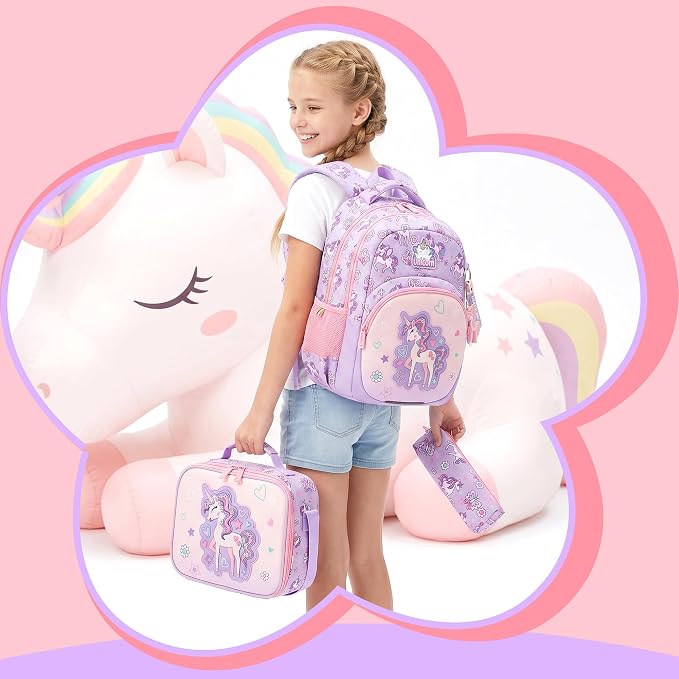 Kids Backpacks for Girls,School Backpack for Girls with Lunch Box Set Cute Unicorn Kids Bookbag for Girl Lightweight Travel Daypack Birthday Christmas for Girl