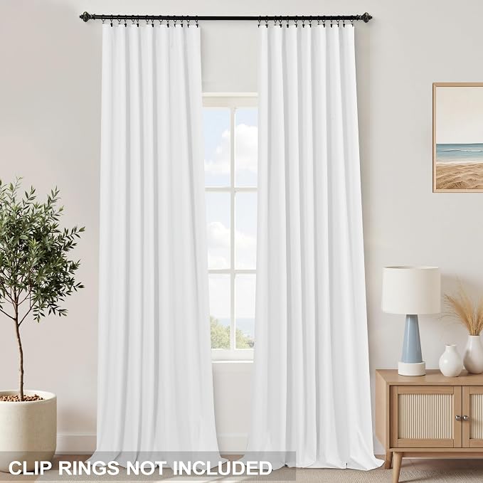 KOUFALL 104 Inch Long Curtains, Scandinavian White Linen Blackout Curtains for Living Room, Back Tab Ceiling to Floor Curtain, 2 Panels Set